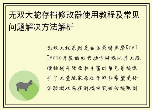 无双大蛇存档修改器使用教程及常见问题解决方法解析 无双大蛇存档修改器使用教程及常见问题解决方法解析